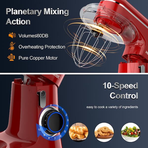 BigChef 6.5 Qt. 650-Watt 10-Speed Red Stand Mixer with Dough Hook, Whisk and Beater