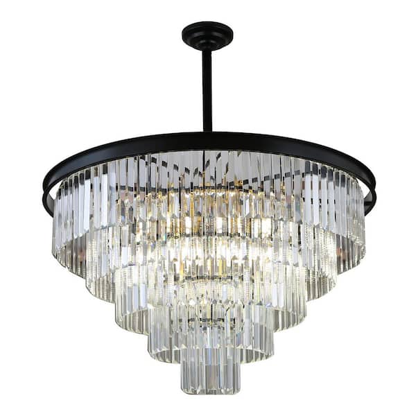 12-Light Black Modern 5-Tier Crystal Chandelier with Clear Glass Shade for Bedroom Living Room, No Bulbs Included