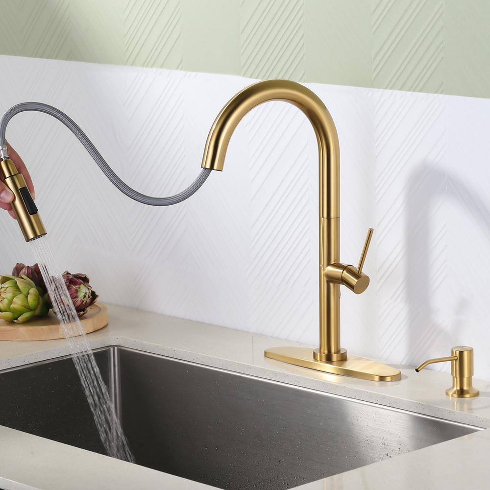 Brushed Gold Stainless Steel Pull Down Kitchen Faucet with Soap Dispenser