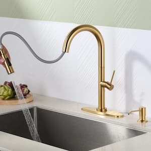 Gooseneck High Arc Single Handle Pull Down Kitchen Faucet with 2 Modes Sprayer and Soap Dispenser in Brushed Gold