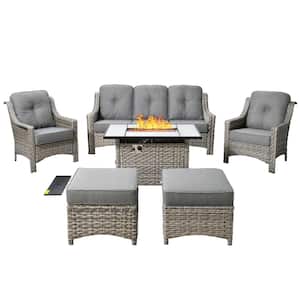 Verona Grey 6-Piece Wicker Outdoor Patio Conversation Sofa Seating Set with a Rectangle Fire Pit and Dark Grey Cushions