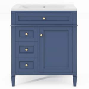 Ami 30 in. W x 18 in. D x 33 in. H Single Sink Freestanding Bath Vanity in Blue With White Resin Top (Tip-out Drawer)