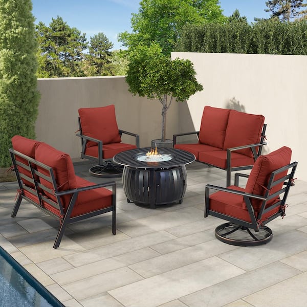 Oakland Living Black 7-Piece Aluminum Patio Fire Pit with 2-Deep Seating Loveseat and 2-Club Chairs Red Cushions