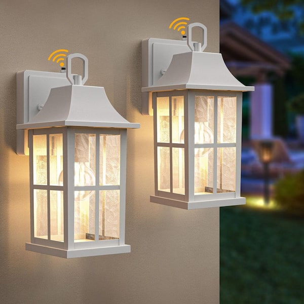 Hawaii 13 in. H 1-Bulb White Hardwired Outdoor Wall Lantern Sconce with Dusk to Dawn (2-Pack)