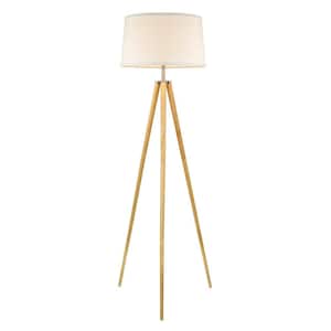 Grace 60.5 in. Wood Contemporary 1-Light Tripod Floor Lamp with White Shade