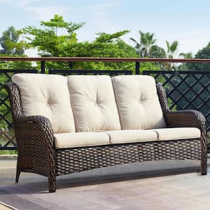 Carolina Brown Wicker Outdoor Patio Sofa Couch with Beige Cushions
