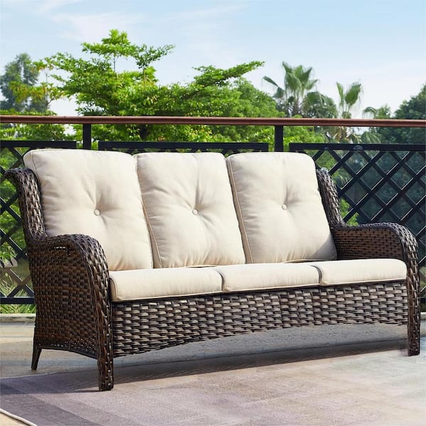 Gymojoy Carolina Brown Wicker Outdoor Patio Sofa Couch with Beige Cushions