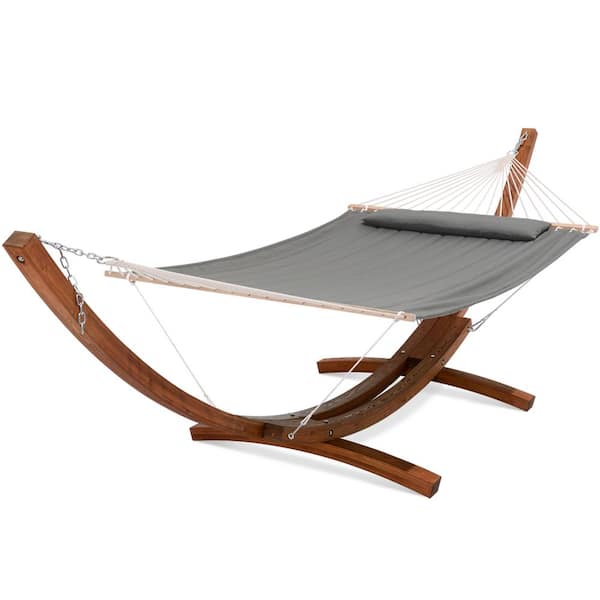 2-Person Large Quilted Hammock Bed with 13.5 ft. Wooden Arc Hammock Bed Stand, Light Gray