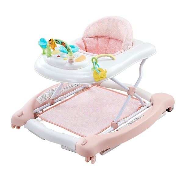 5-in-1 Baby Walker, Height Adjustable Rocker Bouncer Walker with High-Back Seat, Folding Baby Activity Center on Wheels