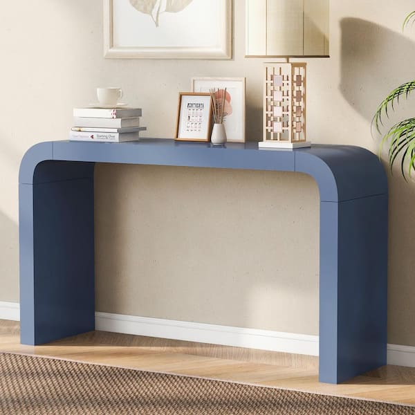 Harper & Bright Designs Minimalism 55.1 in. Navy Curved(specialty) Acacia Wood Veneer and MDF Console Table for Living Rooms, Entrances, Study