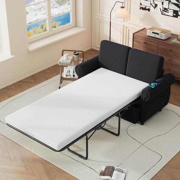 Harper & Bright Designs Black 57.9 in. Linen Pull Out Twin Size Sofa Bed Convertible Loveseat with Memory Foam Mattress, 2 USB Ports