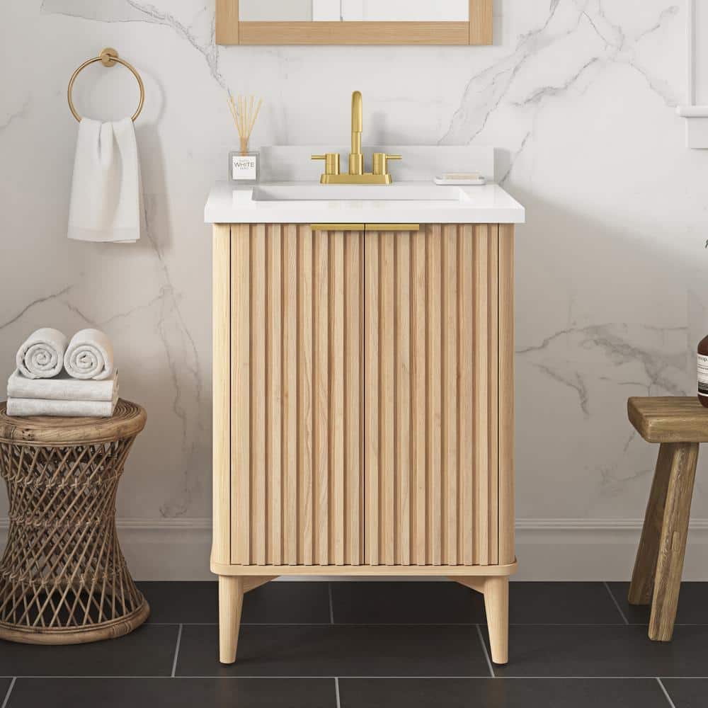 Gabi 24 in Rustic Ash Single Bathroom Vanity with White Marble Top
