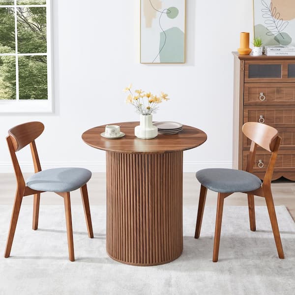 Wood 31.49 in. Walnut Pedestal Base Round Dining Table Seats 2