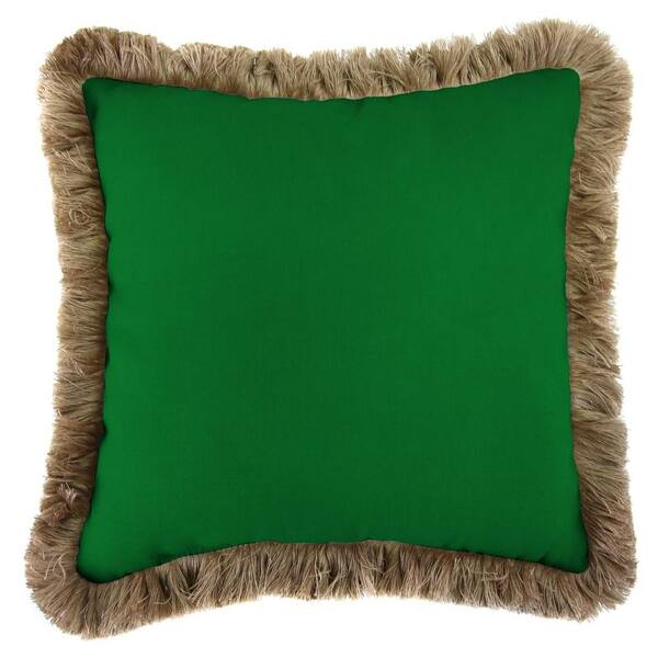 Jordan Manufacturing Sunbrella Canvas Forest Green Square Outdoor Throw Pillow with Heather Beige Fringe