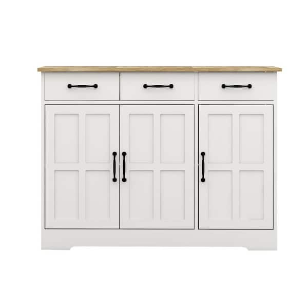 42.72 in. W x 15.35 in. D x 32.09 in. H White Wood Outdoor Storage Cabinet Sideboard with 3 Drawers, 3 Doors for Dining