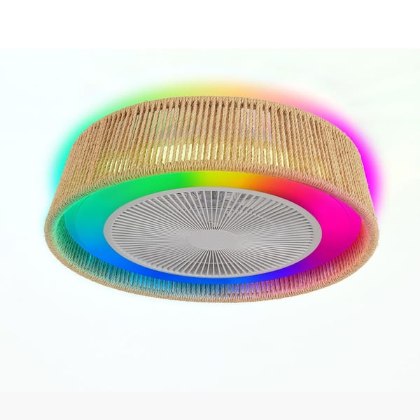 21.3 in. White Rope Woven Rustic DC Motor Semi Flush Mount Ceiling Fan Light with LED RGB Mood Lighting