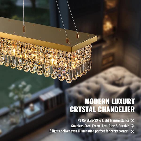 LuminFan 6 Light Gold 31.5 Inch Crystal Rectangular Elegance