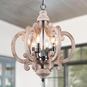 Voitto Cottage Chic Crown 6-Light Weathered Wood Chandelier, Farmhouse Wooden Pendant Light