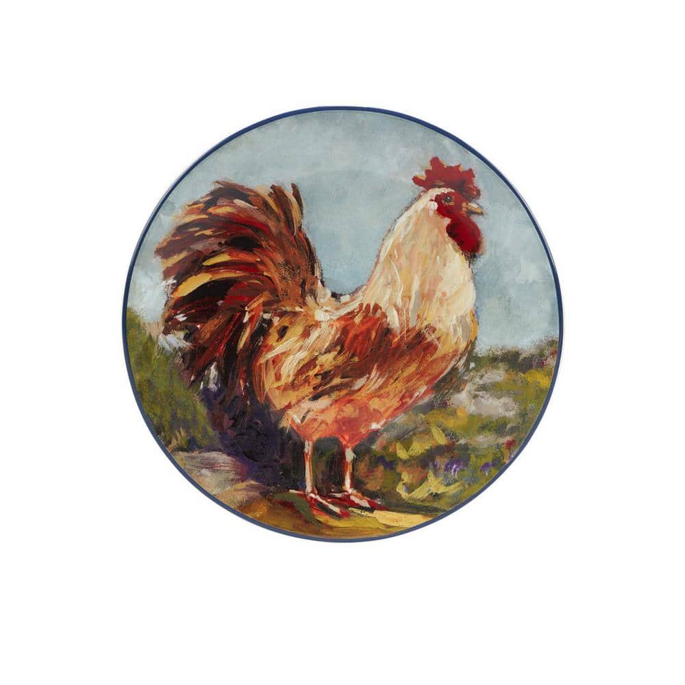 Colorful Ceramic Round Salad Plates with Rooster Design, Set of Four