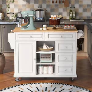 White Kitchen Island with Wheels, Large Storage and Adjustable Shelves