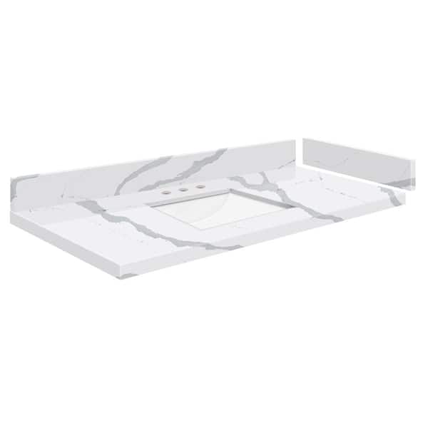 Transolid Silestone 43 in. W x 22.25 in. D Quartz White Rectangular Single Sink Vanity Top in Bianco Calacatta