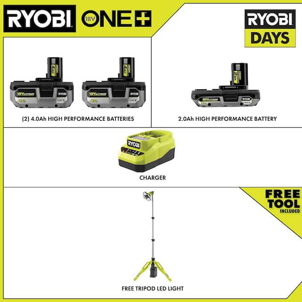 ONE+ 18V HIGH PERFORMANCE Kit w/ (2) 4.0 Ah Batteries, 2.0 Ah Battery, Charger, & FREE Hybrid Tri-Power Tripod Light