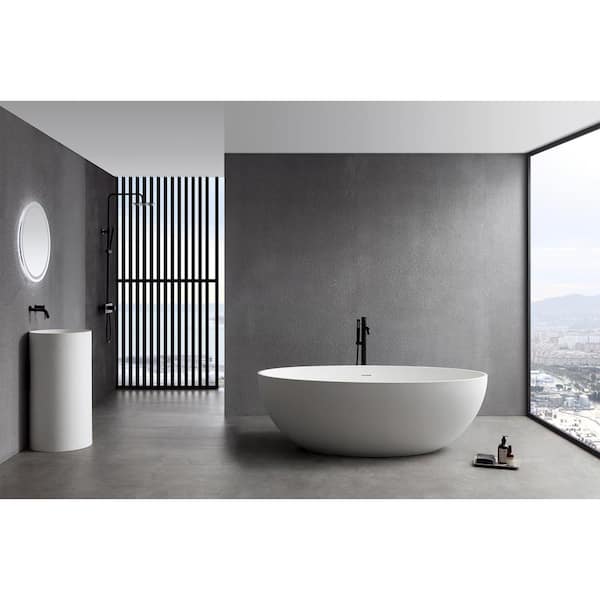 Unbranded 67 in. Stone Resin Flatbottom Solid Surface Freestanding Double Ended Soaking Bathtub in White with Drain