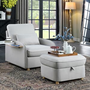 Multi-Function Light Gray Linen Accent Side Chair with Storage Ottoman and Folding Side Table for Living Room Bedroom