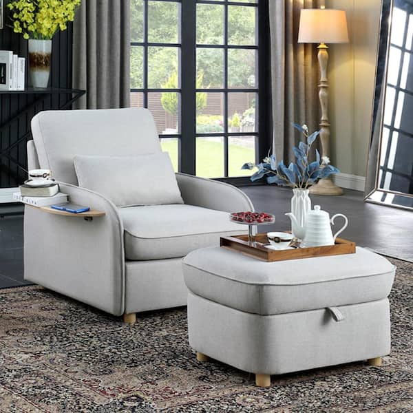 Magic Home Multi-Function Light Gray Linen Accent Side Chair with Storage Ottoman and Folding Side Table for Living Room Bedroom