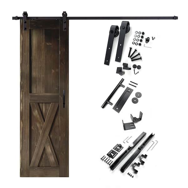 HOMACER 26 in. x 84 in. X-Frame Ebony Solid Pine Wood Interior Sliding Barn Door with Hardware Kit, Non-Bypass
