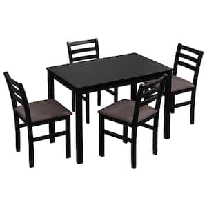 Black 5-Piece Wood Outdoor Dining Set with Brown Cushion and Ladder Back Design
