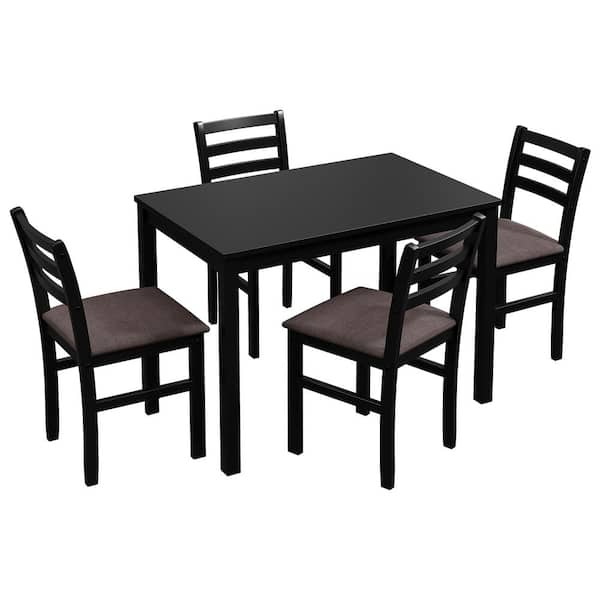 Sudzendf Black 5-Piece Wood Outdoor Dining Set with Brown Cushion and Ladder Back Design