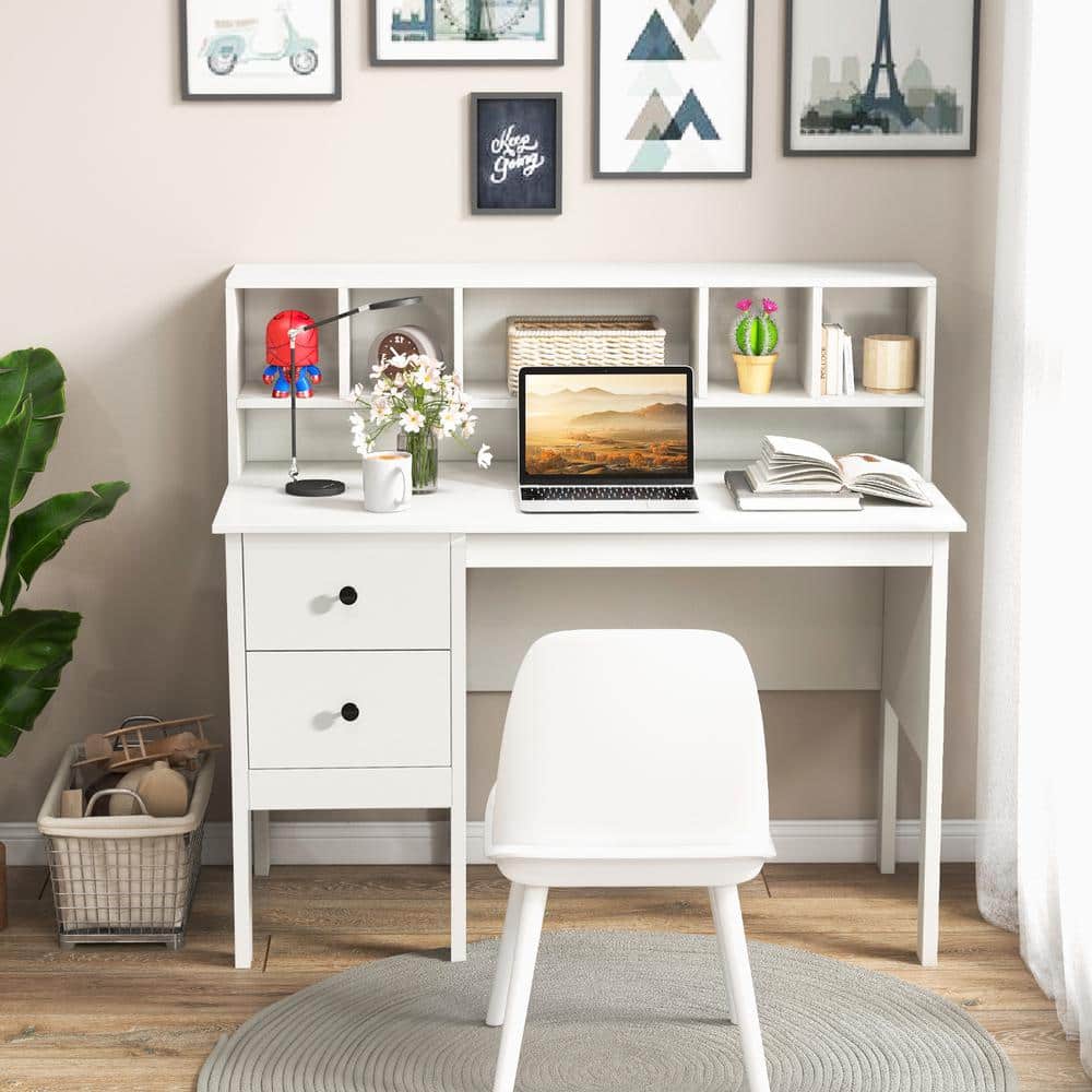 White Modern Wood Desk with Hutch and Drawers
