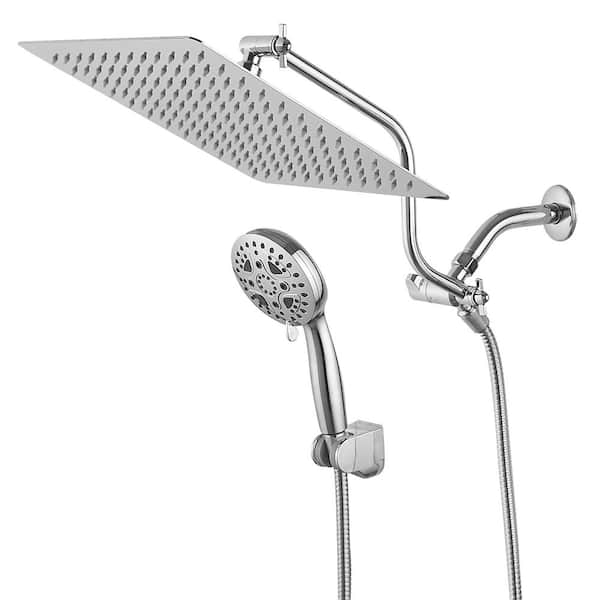 FLG 7-Spray 11.6 in. Square Shower Head and Handheld Shower Head Set with Adjustable Extension Arm in Polished Chrome