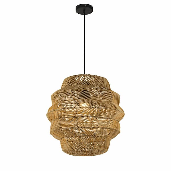 Cana Coastal Boho Black Outdoor Pendant Light for Patio with Tiered Drum Tan Wicker Rattan Shade