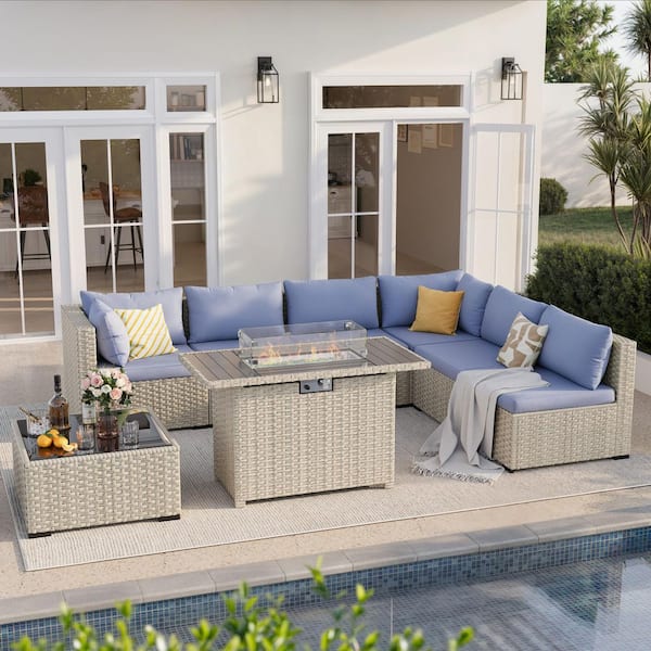 8-Piece Patio Conversation Set with Fire Pit Table, Coffee Table, and Cushions