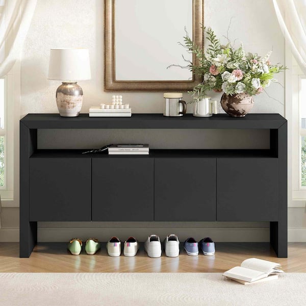 Black Wood 60 in. Sideboards with Open Shelf and 4-Door Sideboard Ideal for Dining Table Area