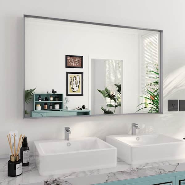 FAMYYT Trea 48 in. W x 30 in. H Large Rectangular Aluminium Beveled Square Angle Framed Wall Bathroom Vanity Mirror in Silver