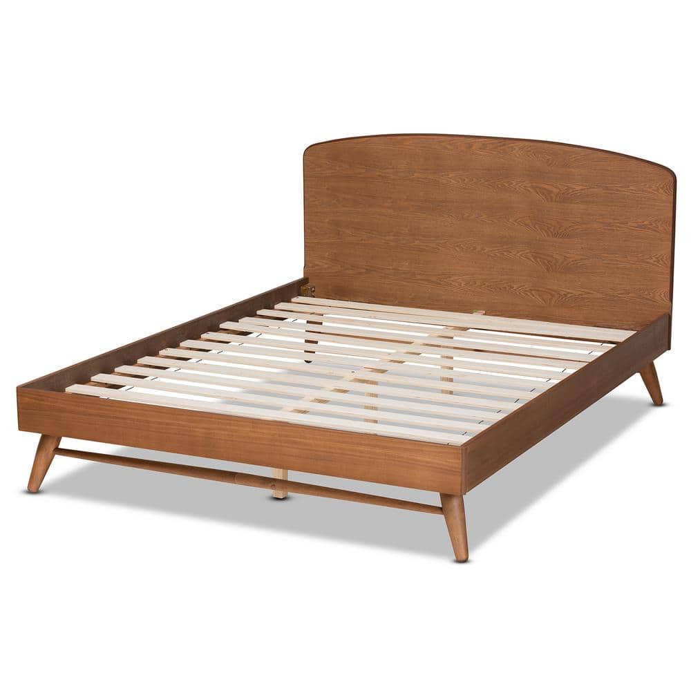 Walnut Brown Queen Wood Frame Platform Bed with Curved Headboard