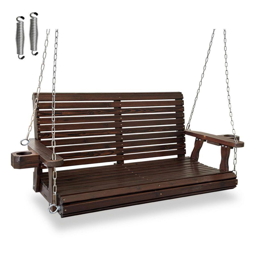 4 ft. Outdoor Wood Porch Swing with Cup Holders, Adjustable Hanging Chains and Spring Hooks, Deep Brown
