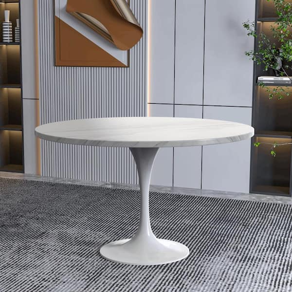 Verve Modern White Round Sintered Stone 48 in. with Pedestal Base Dining Table 4 Seater, White