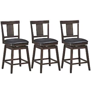 24 in. Brown Height Back Wood Frame Counter Height Swivel Bar Stool with Leather Seat(Set of 3)