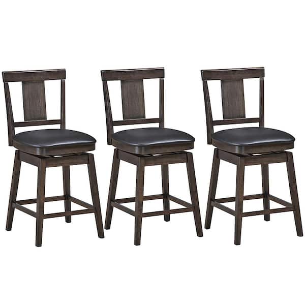 Costway 24 in. Brown Height Back Wood Frame Counter Height Swivel Bar Stool with Leather Seat(Set of 3)