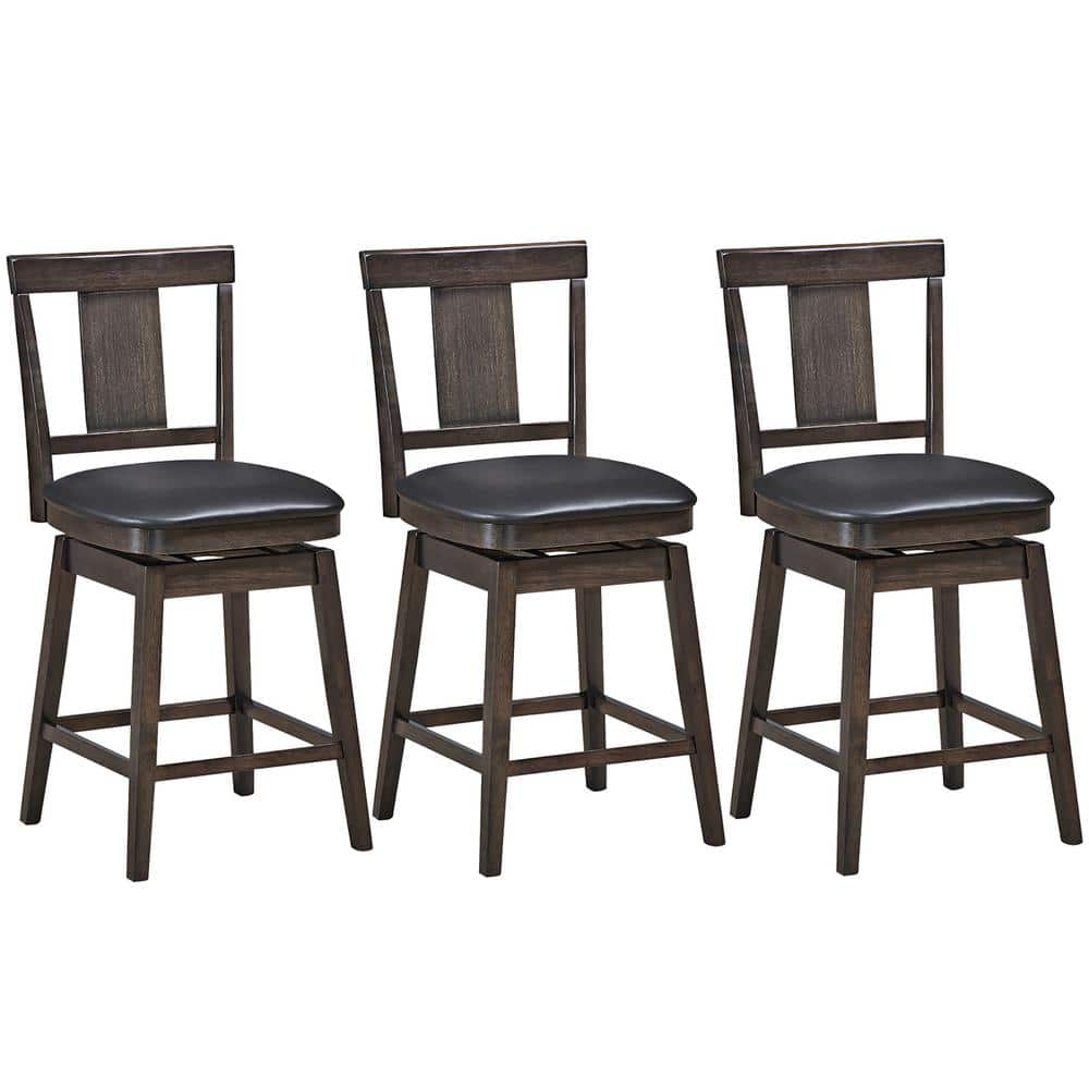 Set of 3 Cozy Swivel Bar Stools with Faux Leather Seat and Wooden Legs