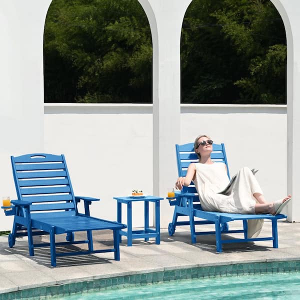 Lounge Chair Ourdoor with 6-Position Adjustable Back, HDPE Patio Chaise with Wheels and Cup Holder, Navy Blue, 2 Pack
