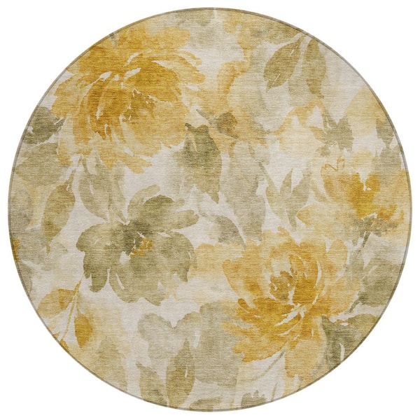 Chantille Machine Washable Indoor/Outdoor Abstract ACN3022 Gold 8 ft. x 8 ft. Round Rug