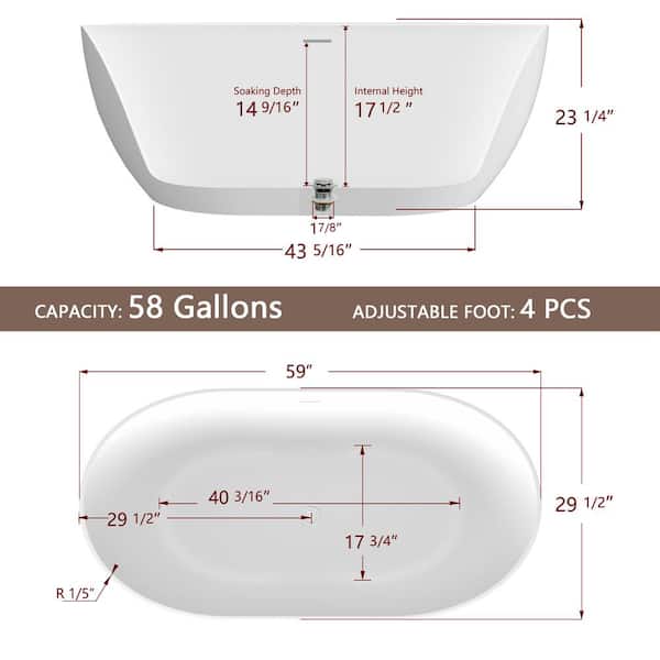 59 in. x 30 in. Oval Free Standing Tub Freestanding Soaking Bathtub With Removable Drain Alone Soaker Bath Tub in White