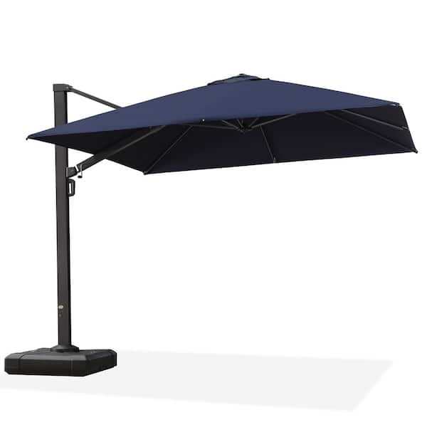 PURPLE LEAF 10 ft. Square Large Outdoor Aluminum Cantilever 360-Degree Rotation Patio Umbrella with Base, Navy Blue