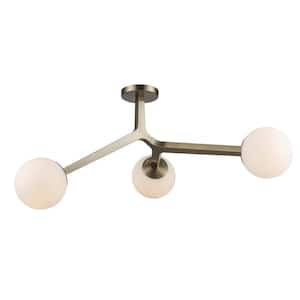 Rebel 31 in. 3-Light Antique Gold Flush Mount Ceiling Light Fixture with White Opal Glass Shades