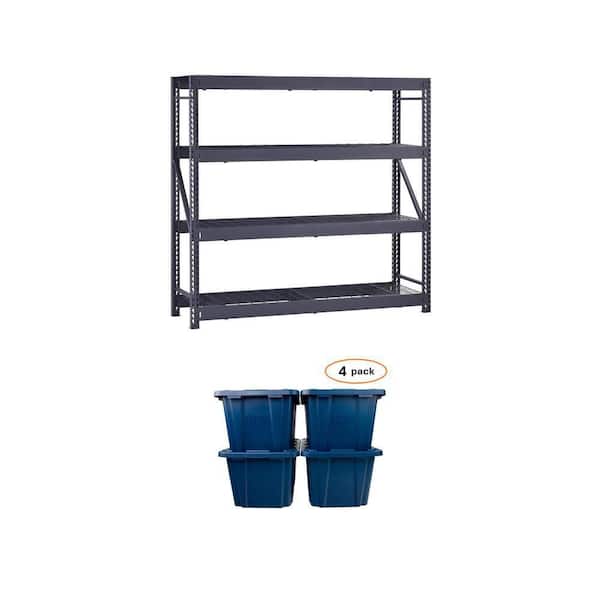 77 in. 4-Shelf Black Metal Garage Shelving Unit and 27 Gal. Moonlit Ocean Storage Tote (4-Pack)